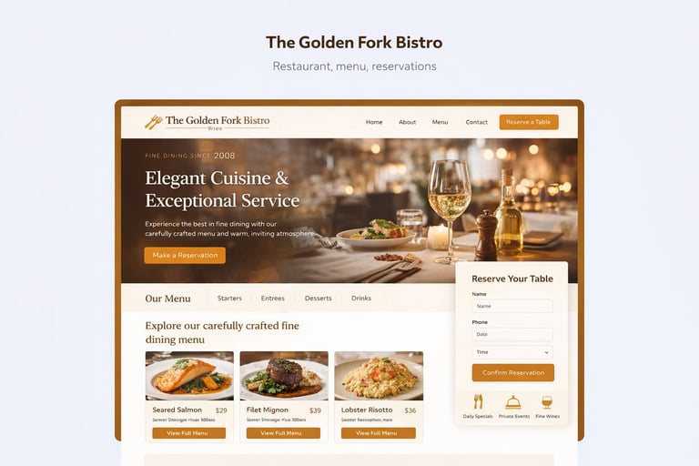 Screenshot of The Golden Fork Bistro restaurant website showing elegant dining interface with menu items and table reservation options