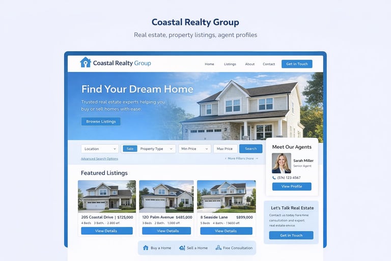 Coastal Realty Group real estate website homepage showing property search interface and featured home listings
