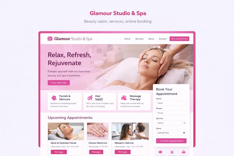 Glamour Studio & Spa website showing beauty salon services, a facial treatment hero image, and appointment booking options
