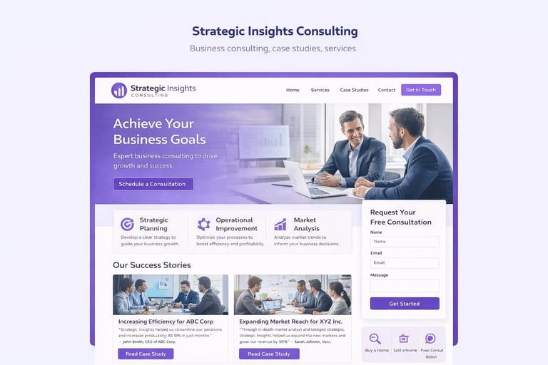 Website mockup for Strategic Insights Consulting showing business consulting homepage with hero image, service offerings, and success stories