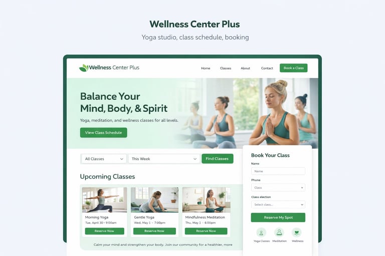 Wellness Center Plus website displaying yoga studio homepage with class schedule, booking options, and upcoming class images in green theme
