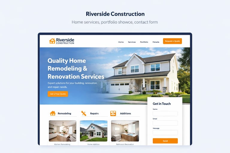 Riverside Construction website homepage displaying home remodeling services, navigation menu, hero image of a house, and project portfolio thumbnails